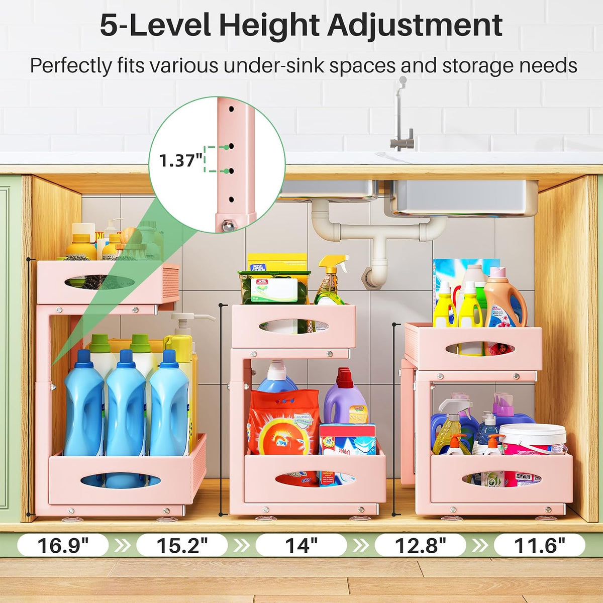 Under Sink Organizer, 2 Tier Pull out Cabinet Organizer Baskets with Mesh Sliding Drawers, Slide out Storage Shelf for Home, Kitchen, Bathroom, Pantry, Office Cabinet(1 Pack, Pink)