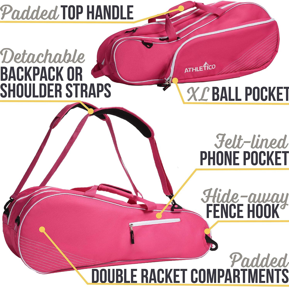 6 Racquet Tennis Bag | Padded to Protect Rackets & Lightweight | Professional or Beginner Tennis Players | Unisex Design for Men, Women, Youth and Adults (Pink)