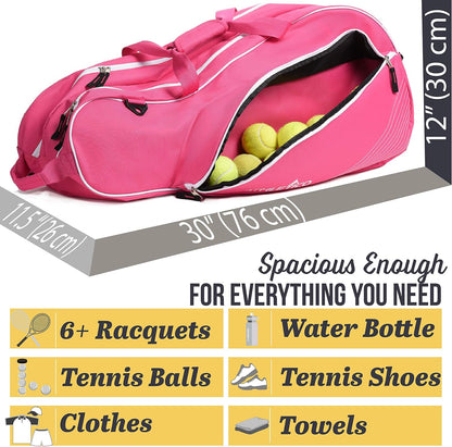 6 Racquet Tennis Bag | Padded to Protect Rackets & Lightweight | Professional or Beginner Tennis Players | Unisex Design for Men, Women, Youth and Adults (Pink)