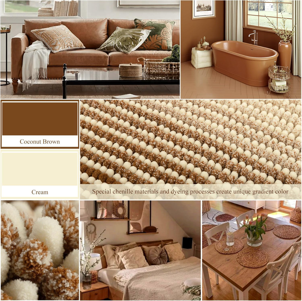 Bathroom Rugs, 17x24 Chenille Bath Mats, Coconut Brown