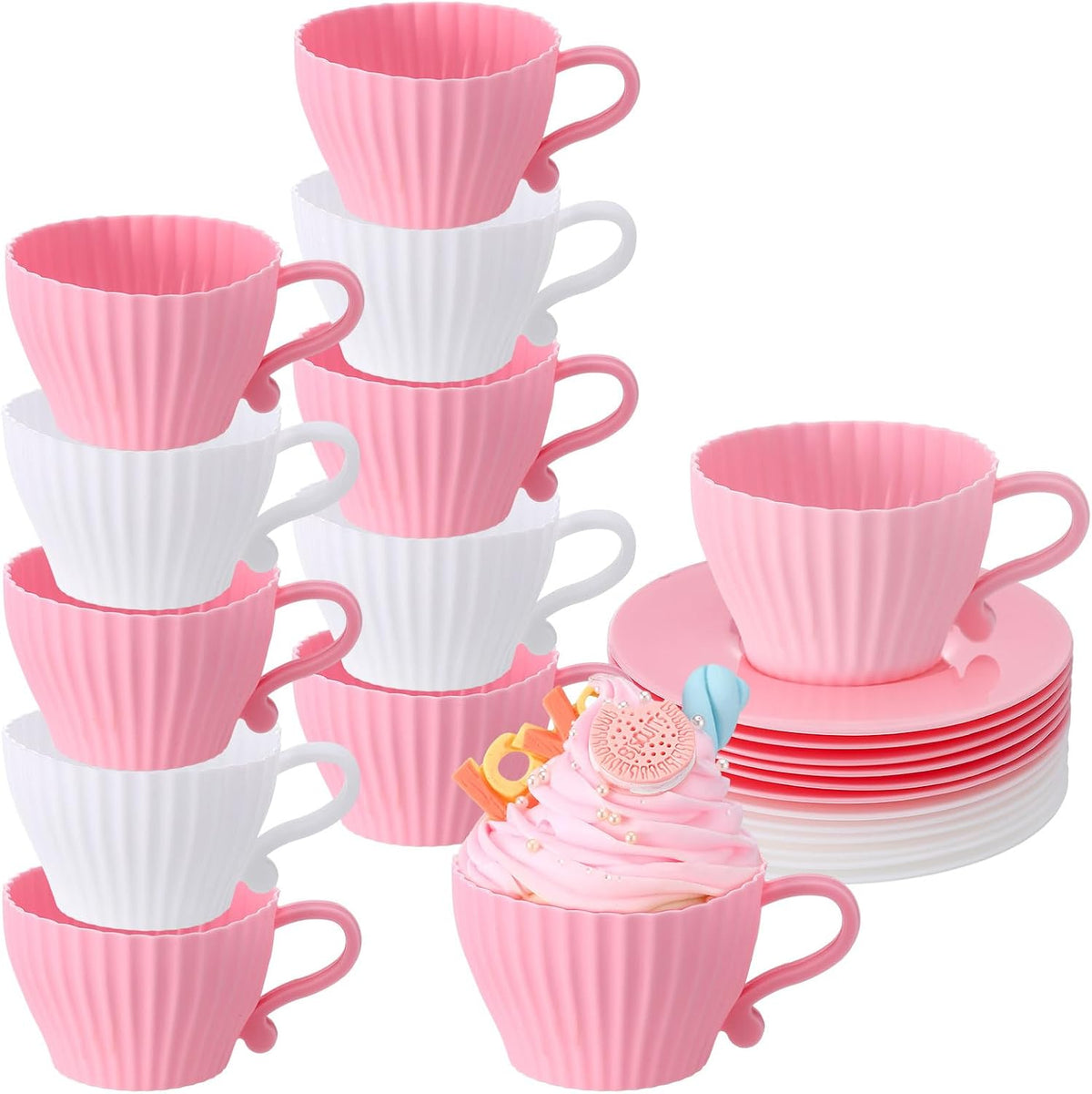 24 Pcs Silicone Teacup Cupcake Molds Muffin Cups for Baking, Teacup Cupcake Liners, Reusable Baking Muffin Liners for Bridal Baby Shower Birthday Tea Party, 12 Cups 12 Saucers, White and Pink
