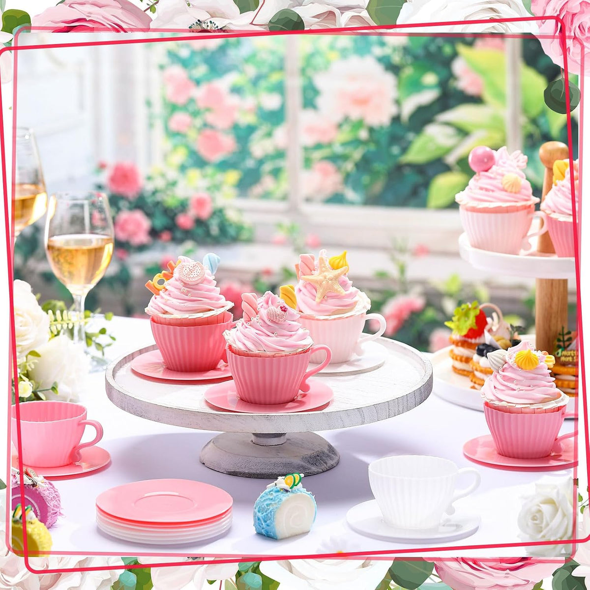 24 Pcs Silicone Teacup Cupcake Molds Muffin Cups for Baking, Teacup Cupcake Liners, Reusable Baking Muffin Liners for Bridal Baby Shower Birthday Tea Party, 12 Cups 12 Saucers, White and Pink