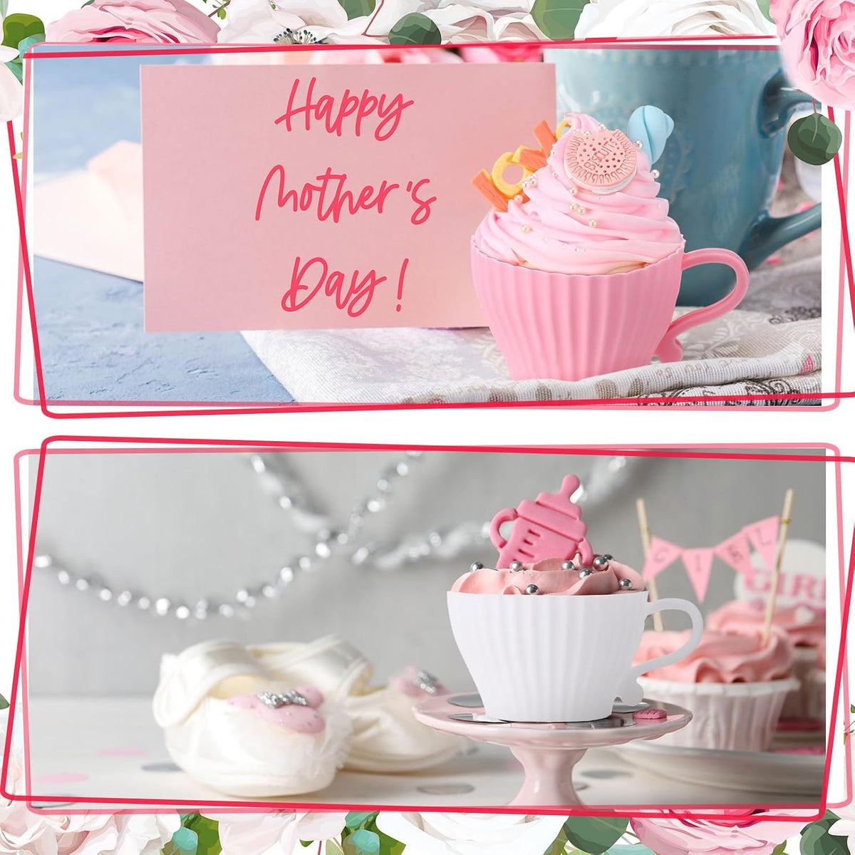 24 Pcs Silicone Teacup Cupcake Molds Muffin Cups for Baking, Teacup Cupcake Liners, Reusable Baking Muffin Liners for Bridal Baby Shower Birthday Tea Party, 12 Cups 12 Saucers, White and Pink