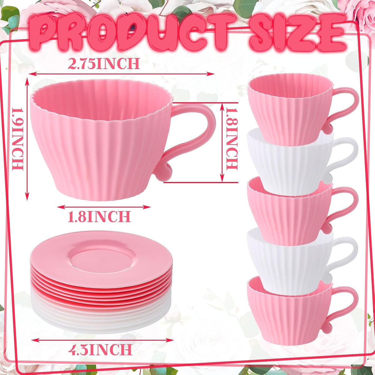 24 Pcs Silicone Teacup Cupcake Molds Muffin Cups for Baking, Teacup Cupcake Liners, Reusable Baking Muffin Liners for Bridal Baby Shower Birthday Tea Party, 12 Cups 12 Saucers, White and Pink