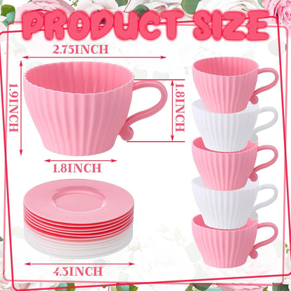 24 Pcs Silicone Teacup Cupcake Molds Muffin Cups for Baking, Teacup Cupcake Liners, Reusable Baking Muffin Liners for Bridal Baby Shower Birthday Tea Party, 12 Cups 12 Saucers, White and Pink