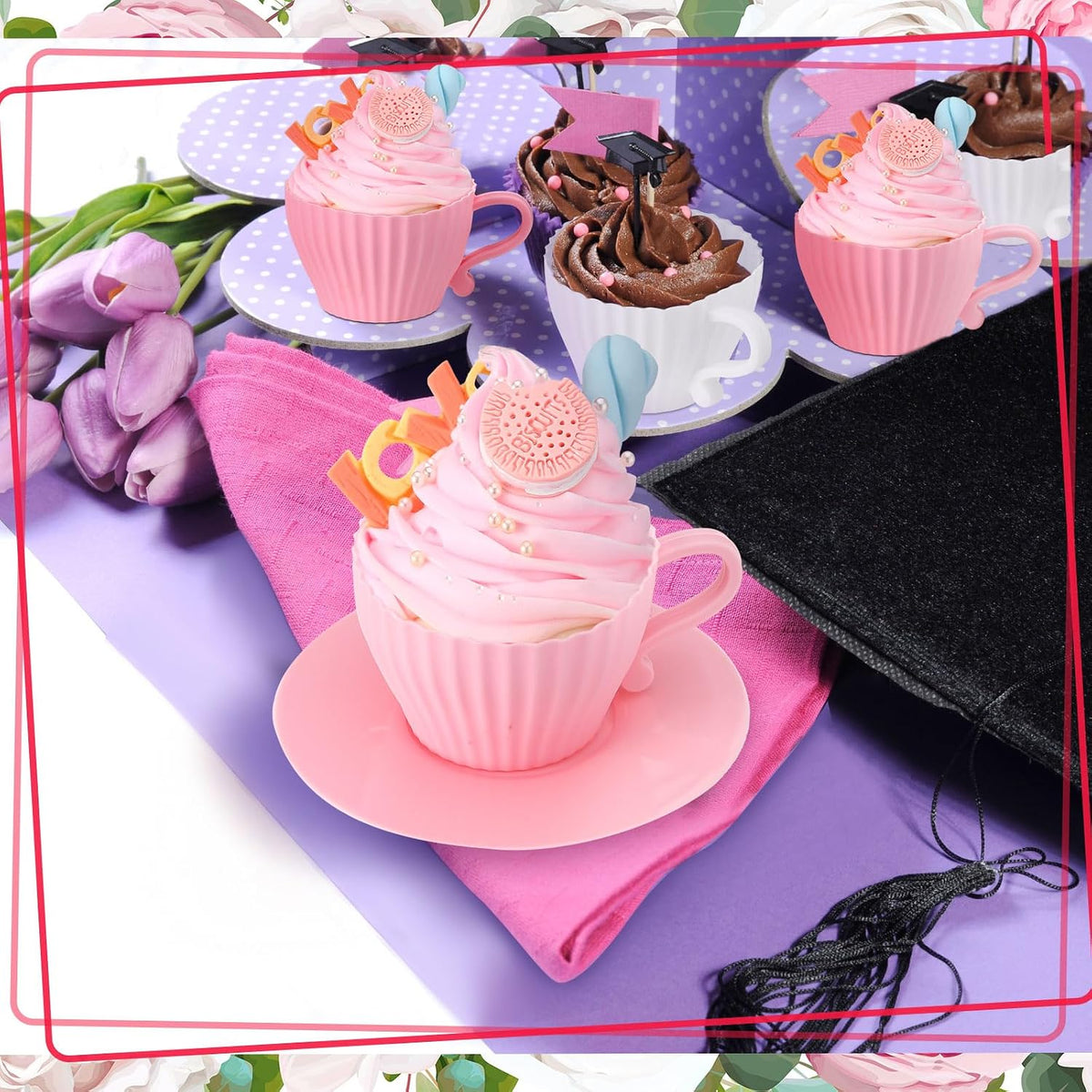 24 Pcs Silicone Teacup Cupcake Molds Muffin Cups for Baking, Teacup Cupcake Liners, Reusable Baking Muffin Liners for Bridal Baby Shower Birthday Tea Party, 12 Cups 12 Saucers, White and Pink