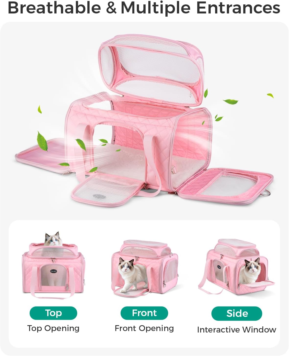 Airline Approved Cat Carrier with Expandable Top, 17x11x9.5 in, Pink