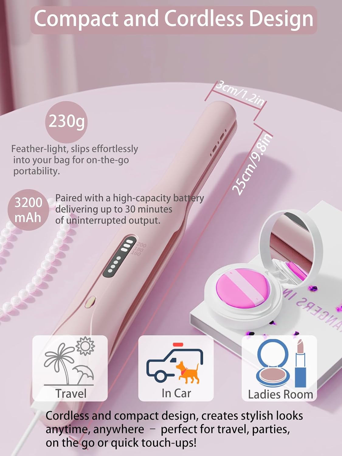 Cordless Hair Straightener and Curler 2 in 1,mini Hair Straightener 3 Temperature 60s Heat Up,Travel Flat Iron Portable,Anion Ionic for Frizz-Free Smooth Hair mini Flat Iron,Pink