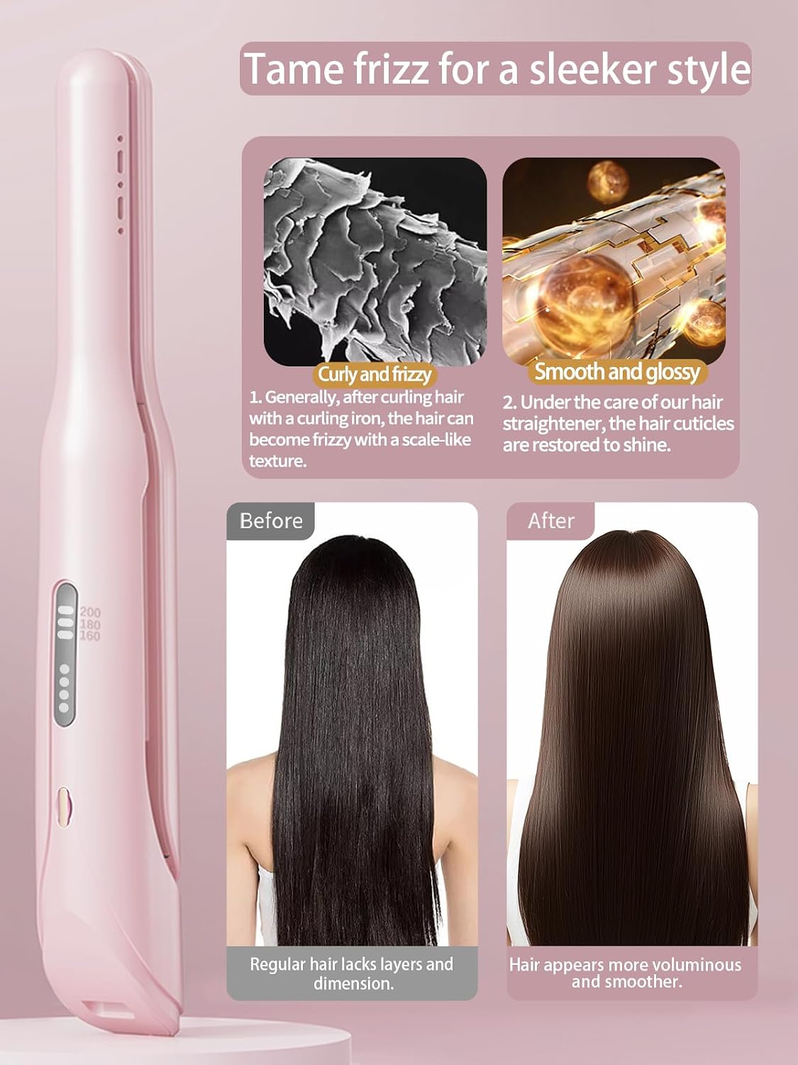 Cordless Hair Straightener and Curler 2 in 1,mini Hair Straightener 3 Temperature 60s Heat Up,Travel Flat Iron Portable,Anion Ionic for Frizz-Free Smooth Hair mini Flat Iron,Pink