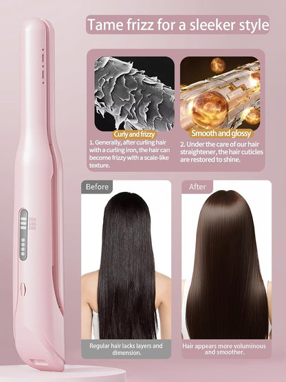 Cordless Hair Straightener and Curler 2 in 1,mini Hair Straightener 3 Temperature 60s Heat Up,Travel Flat Iron Portable,Anion Ionic for Frizz-Free Smooth Hair mini Flat Iron,Pink