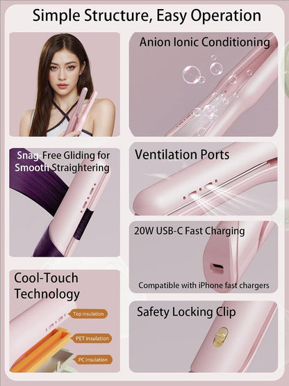 Cordless Hair Straightener and Curler 2 in 1,mini Hair Straightener 3 Temperature 60s Heat Up,Travel Flat Iron Portable,Anion Ionic for Frizz-Free Smooth Hair mini Flat Iron,Pink