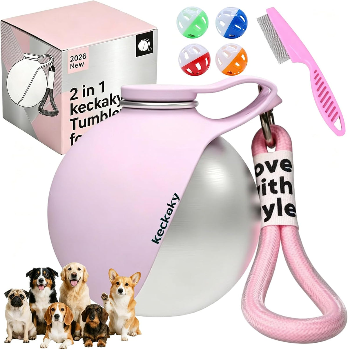 2 in 1 Portable Dog Water Bottle, 2026 New 10oz Spherical Stainless Steel Pet Bottle with Silicone Foldable Bowl, No-Spill Leak-Proof Design, Dog Water Bottle for Walking, Hiking, Travel (Pink)