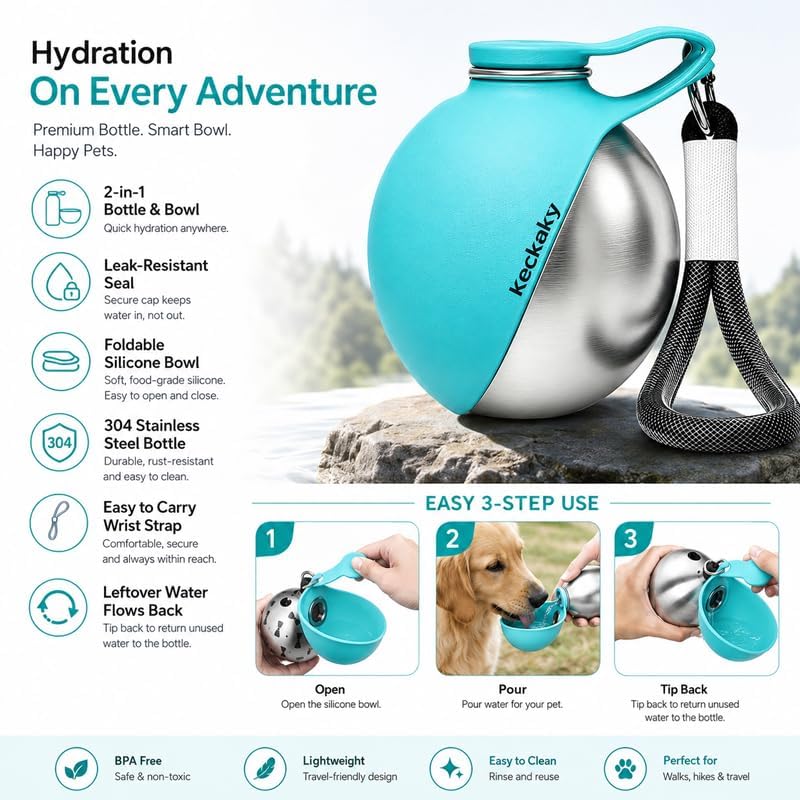 2 in 1 Portable Dog Water Bottle, 2026 New 10oz Spherical Stainless Steel Pet Bottle with Silicone Foldable Bowl, No-Spill Leak-Proof Design, Dog Water Bottle for Walking, Hiking, Travel (Pink)