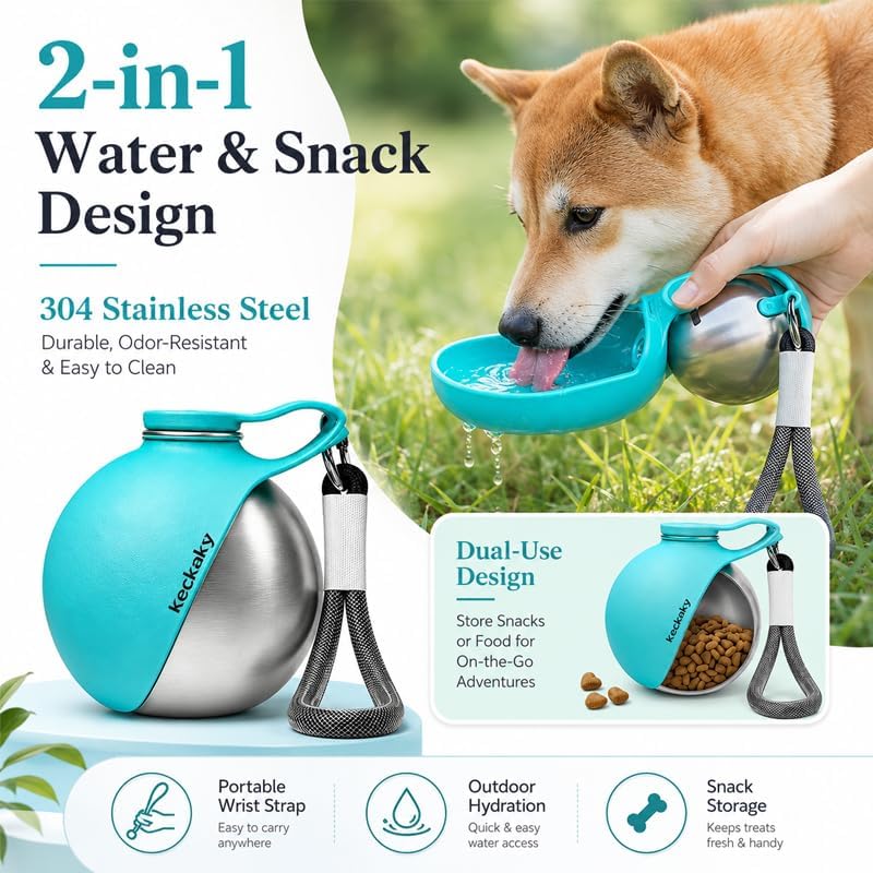 2 in 1 Portable Dog Water Bottle, 2026 New 10oz Spherical Stainless Steel Pet Bottle with Silicone Foldable Bowl, No-Spill Leak-Proof Design, Dog Water Bottle for Walking, Hiking, Travel (Pink)