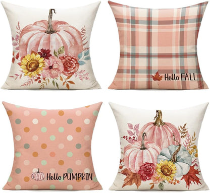 Fall Outdoor Throw Pillow Covers 16x16 Set of 4 Pumpkin Thanksgiving Autumn Garden Flowers Farmhouse Patio Decorative Cushion Covers Home Decor Couch for Sofa Bedroom Livingroom, Pink