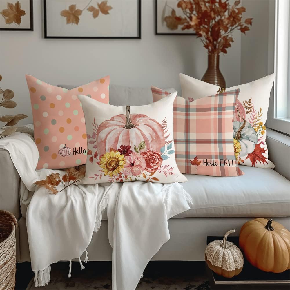 Fall Outdoor Throw Pillow Covers 16x16 Set of 4 Pumpkin Thanksgiving Autumn Garden Flowers Farmhouse Patio Decorative Cushion Covers Home Decor Couch for Sofa Bedroom Livingroom, Pink