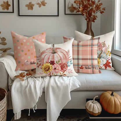 Fall Outdoor Throw Pillow Covers 16x16 Set of 4 Pumpkin Thanksgiving Autumn Garden Flowers Farmhouse Patio Decorative Cushion Covers Home Decor Couch for Sofa Bedroom Livingroom, Pink