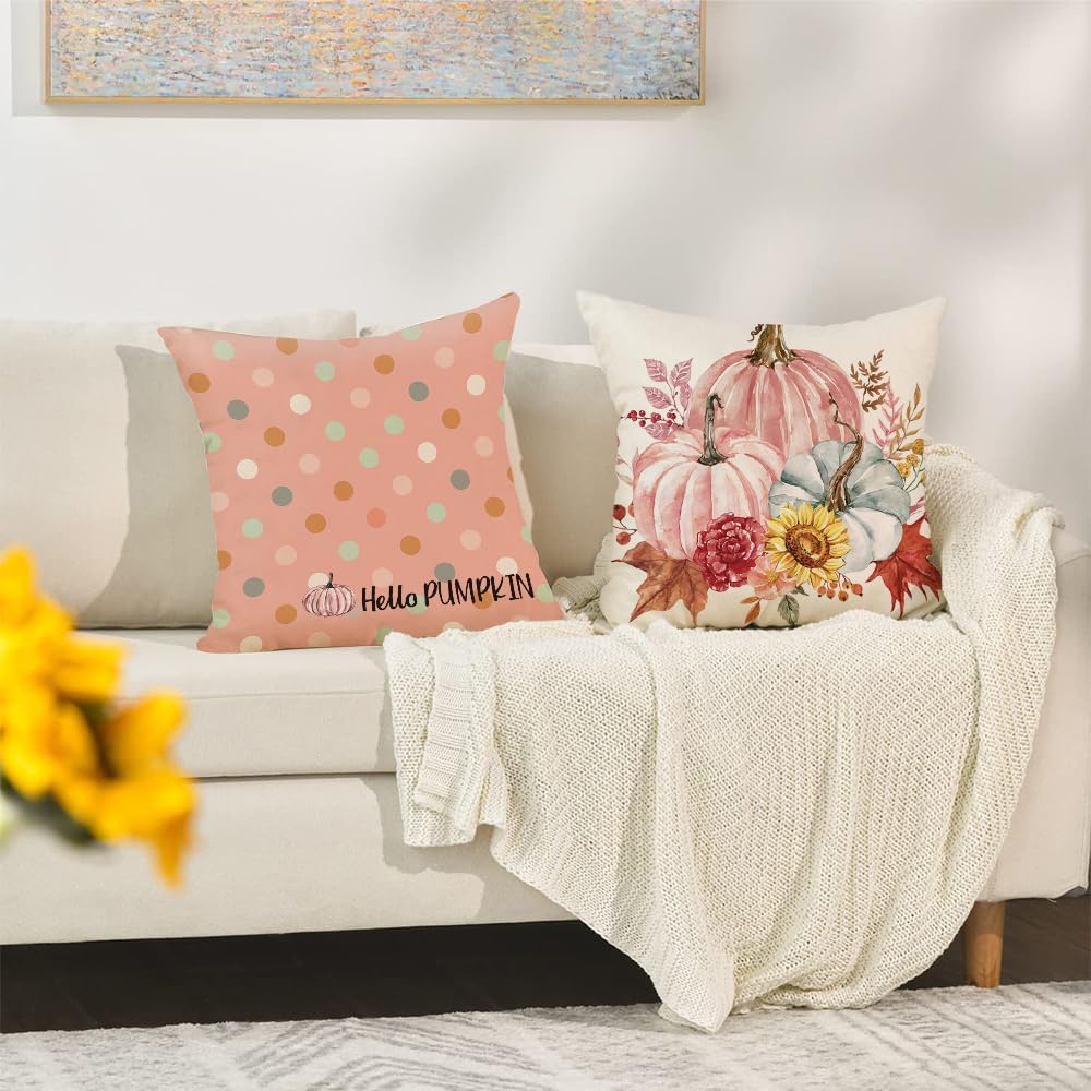 Fall Outdoor Throw Pillow Covers 16x16 Set of 4 Pumpkin Thanksgiving Autumn Garden Flowers Farmhouse Patio Decorative Cushion Covers Home Decor Couch for Sofa Bedroom Livingroom, Pink