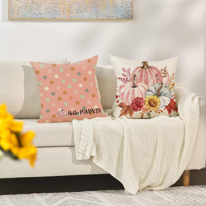 Fall Outdoor Throw Pillow Covers 16x16 Set of 4 Pumpkin Thanksgiving Autumn Garden Flowers Farmhouse Patio Decorative Cushion Covers Home Decor Couch for Sofa Bedroom Livingroom, Pink