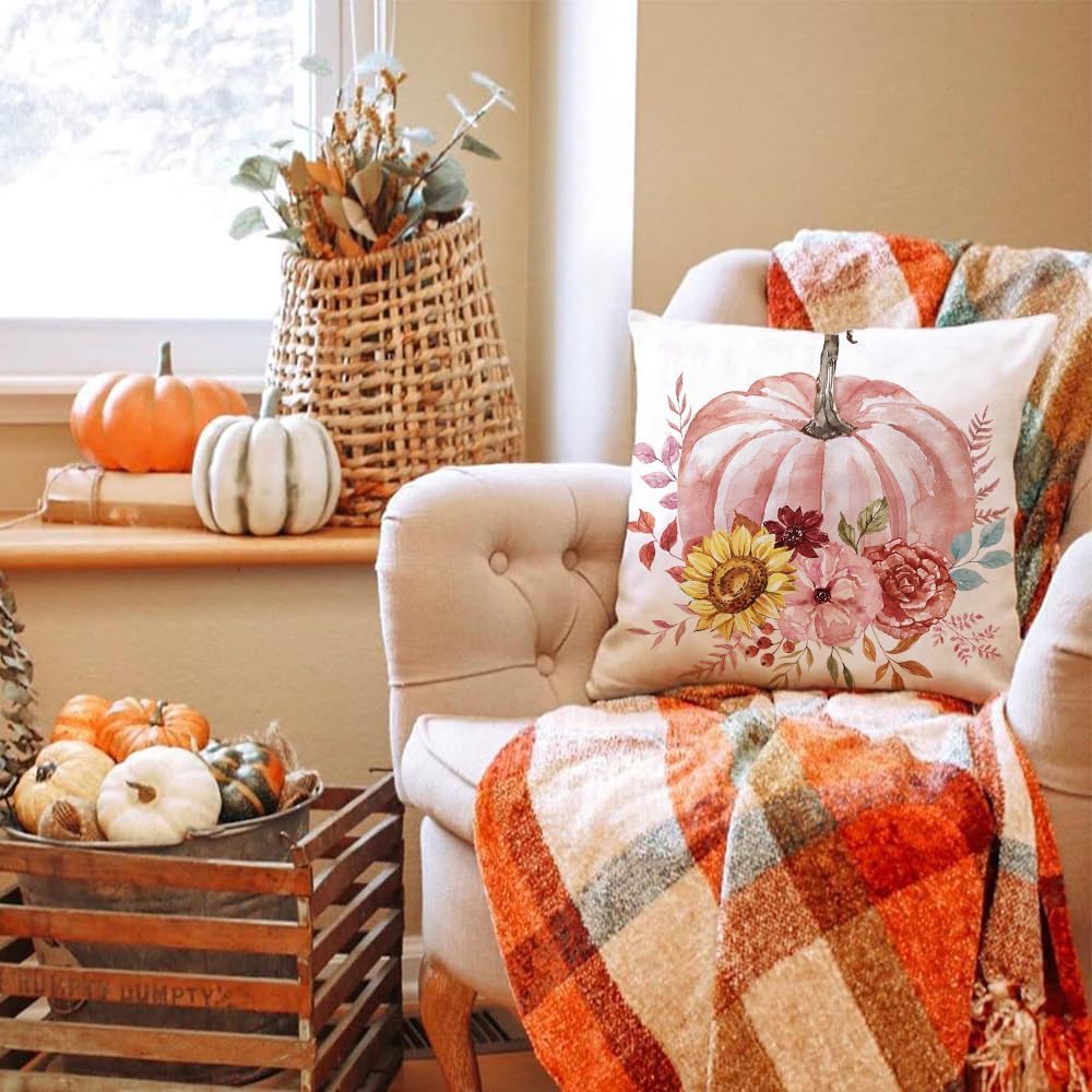 Fall Outdoor Throw Pillow Covers 16x16 Set of 4 Pumpkin Thanksgiving Autumn Garden Flowers Farmhouse Patio Decorative Cushion Covers Home Decor Couch for Sofa Bedroom Livingroom, Pink