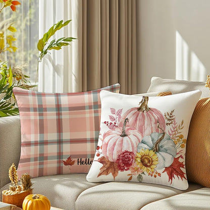 Fall Outdoor Throw Pillow Covers 16x16 Set of 4 Pumpkin Thanksgiving Autumn Garden Flowers Farmhouse Patio Decorative Cushion Covers Home Decor Couch for Sofa Bedroom Livingroom, Pink