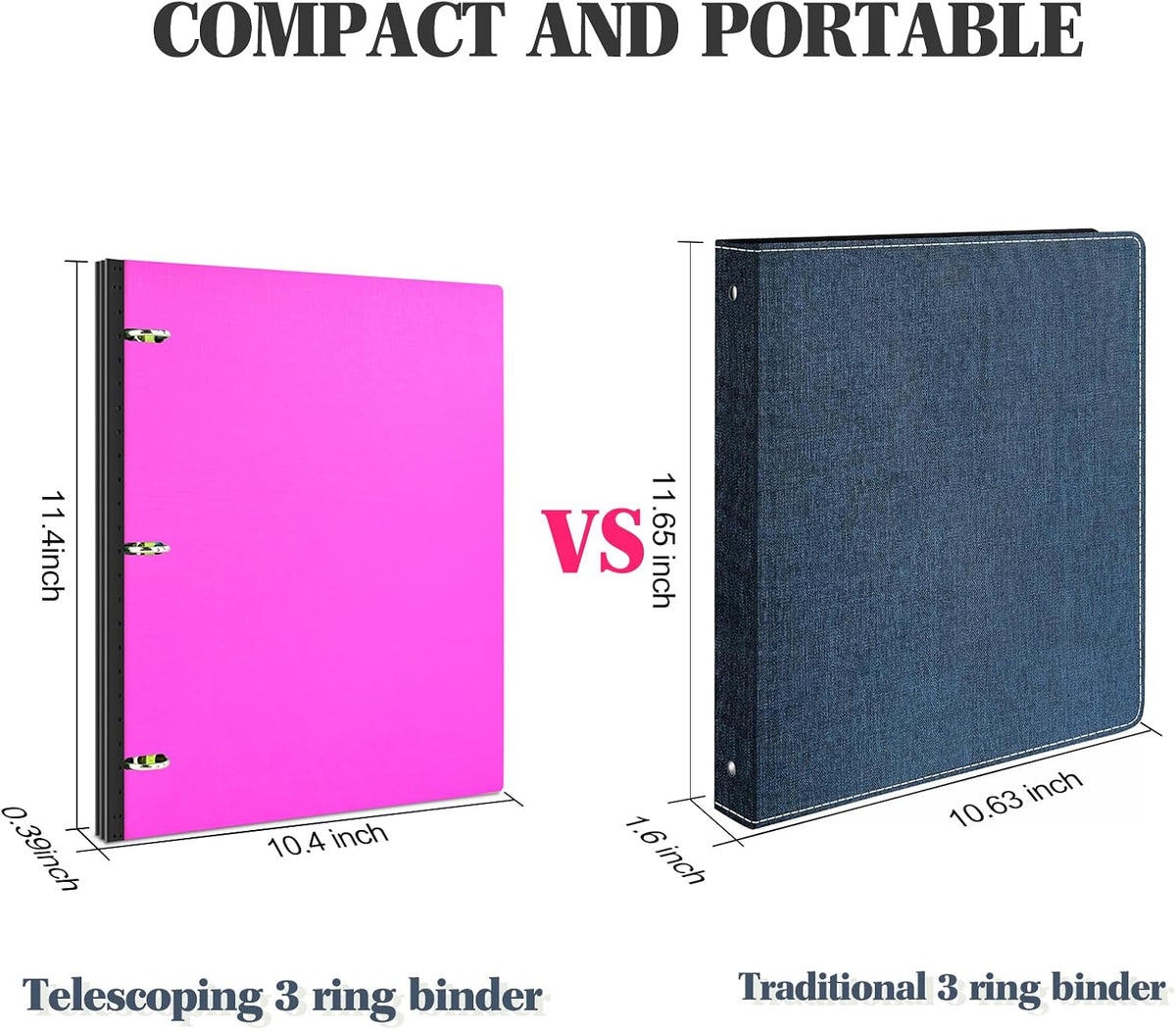 Telescoping 3 Ring Binder, Portable Plastic 0.75 inch 3 Ring Binder with Telescoping Spine and Foldable Front Cover Holds 8.5" x 11" Paper for School,Office and Homes-Pink