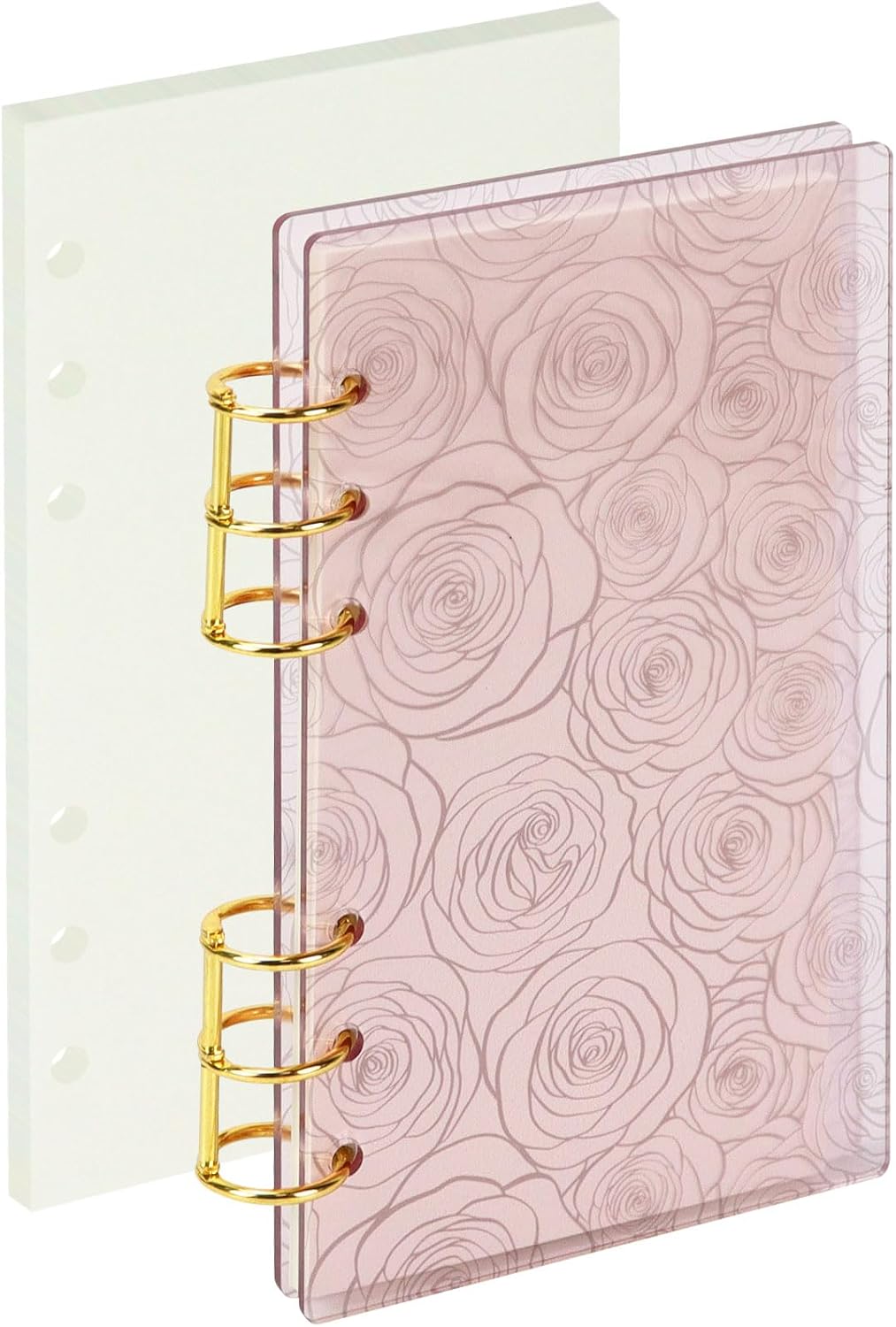 A6 Pink Acrylic Binder, 6-Ring Clear Cover with Metal Round Rings, Includes 1 Pack Blank Refills for Personal Planner (Pink Rose, A6)