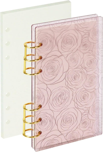 A6 Pink Acrylic Binder, 6-Ring Clear Cover with Metal Round Rings, Includes 1 Pack Blank Refills for Personal Planner (Pink Rose, A6)