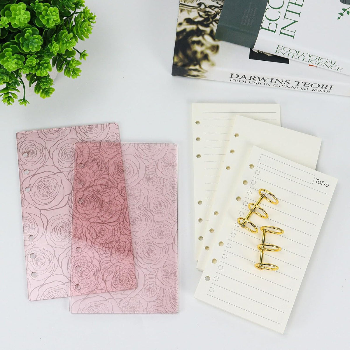A6 Pink Acrylic Binder, 6-Ring Clear Cover with Metal Round Rings, Includes 1 Pack Blank Refills for Personal Planner (Pink Rose, A6)