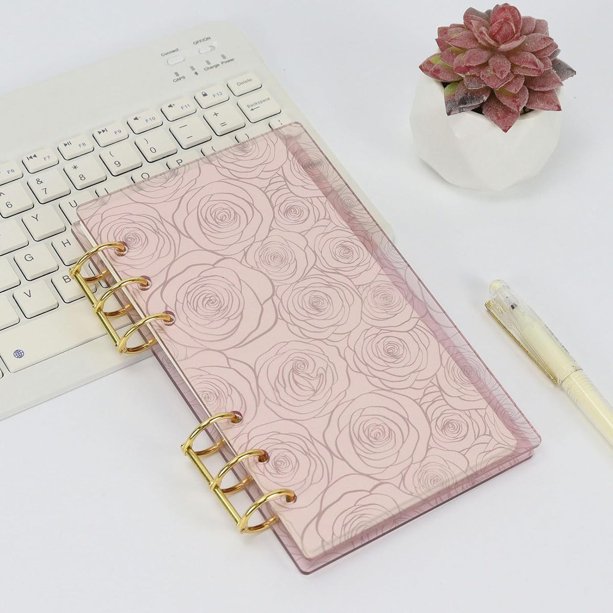 A6 Pink Acrylic Binder, 6-Ring Clear Cover with Metal Round Rings, Includes 1 Pack Blank Refills for Personal Planner (Pink Rose, A6)