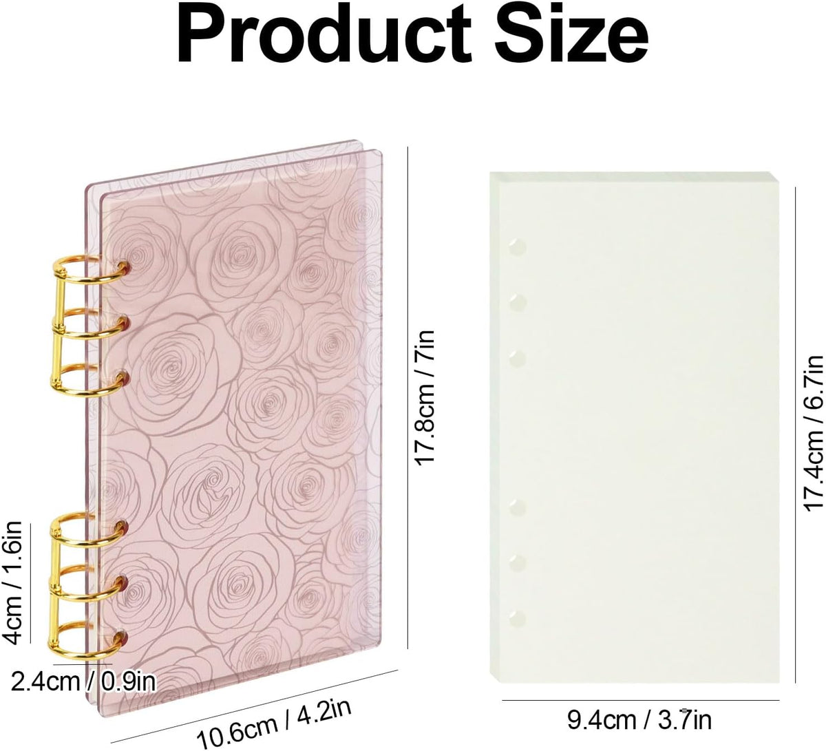 A6 Pink Acrylic Binder, 6-Ring Clear Cover with Metal Round Rings, Includes 1 Pack Blank Refills for Personal Planner (Pink Rose, A6)