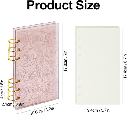 A6 Pink Acrylic Binder, 6-Ring Clear Cover with Metal Round Rings, Includes 1 Pack Blank Refills for Personal Planner (Pink Rose, A6)