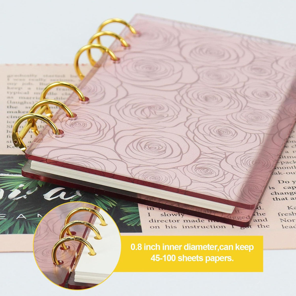 A6 Pink Acrylic Binder, 6-Ring Clear Cover with Metal Round Rings, Includes 1 Pack Blank Refills for Personal Planner (Pink Rose, A6)