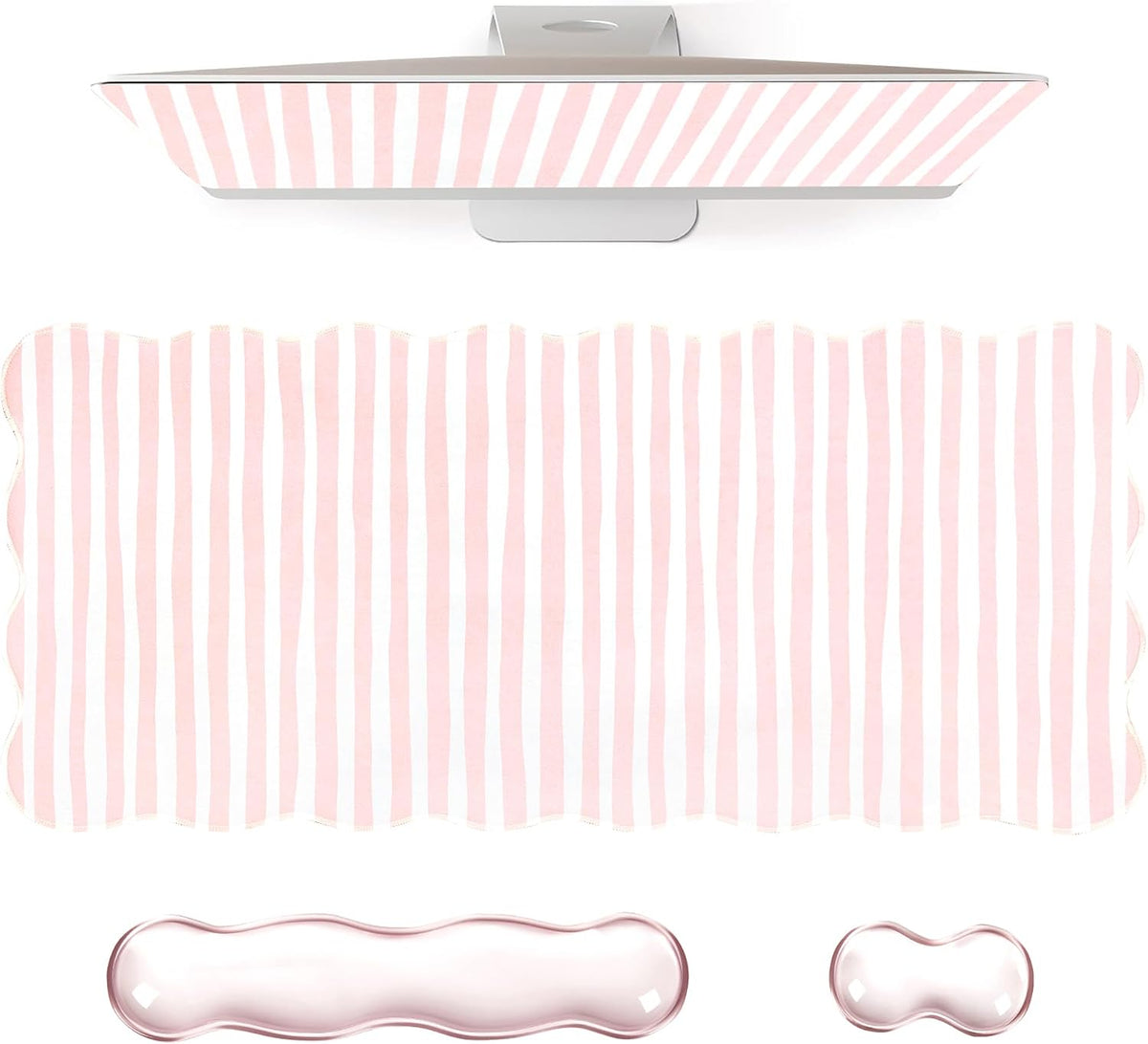 Pink Striped Mouse Pad Set,Scalloped XXL Desk Mat + Ergonomic Mouse Wrist Rest + Gel Keyboard Wrist Rest for Keyboard 65%/75%,3in1 Large Desk Pad for Desktop Home Office Computer Game