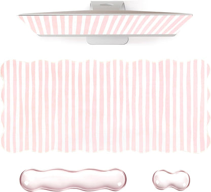 Pink Striped Mouse Pad Set,Scalloped XXL Desk Mat + Ergonomic Mouse Wrist Rest + Gel Keyboard Wrist Rest for Keyboard 65%/75%,3in1 Large Desk Pad for Desktop Home Office Computer Game