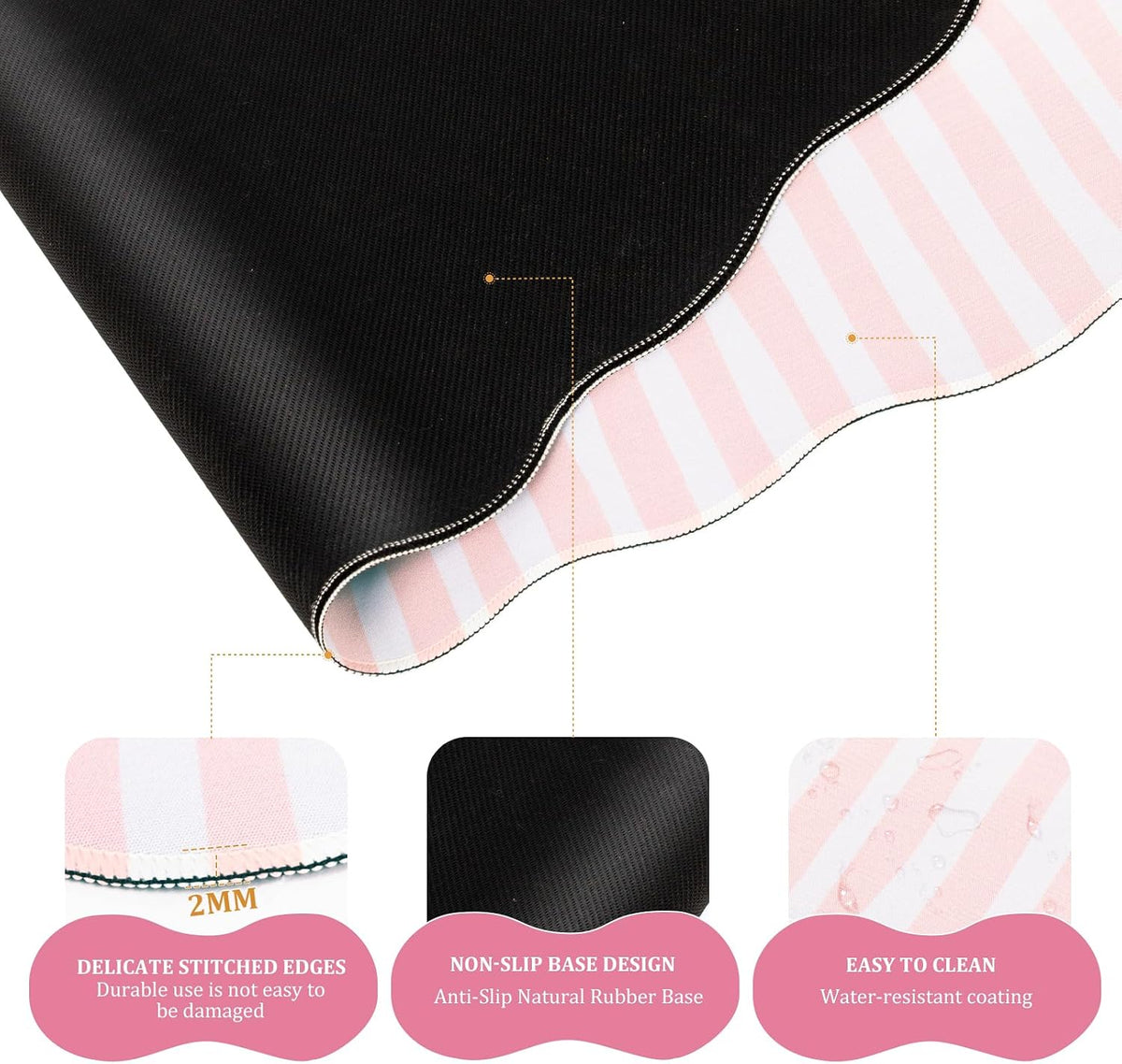 Pink Striped Mouse Pad Set,Scalloped XXL Desk Mat + Ergonomic Mouse Wrist Rest + Gel Keyboard Wrist Rest for Keyboard 65%/75%,3in1 Large Desk Pad for Desktop Home Office Computer Game