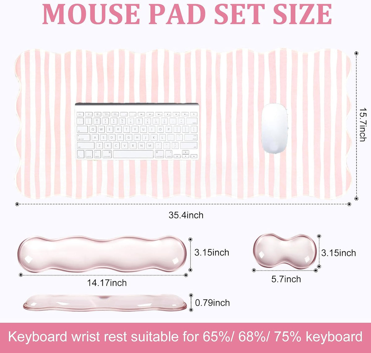 Pink Striped Mouse Pad Set,Scalloped XXL Desk Mat + Ergonomic Mouse Wrist Rest + Gel Keyboard Wrist Rest for Keyboard 65%/75%,3in1 Large Desk Pad for Desktop Home Office Computer Game
