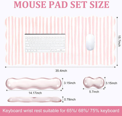 Pink Striped Mouse Pad Set,Scalloped XXL Desk Mat + Ergonomic Mouse Wrist Rest + Gel Keyboard Wrist Rest for Keyboard 65%/75%,3in1 Large Desk Pad for Desktop Home Office Computer Game