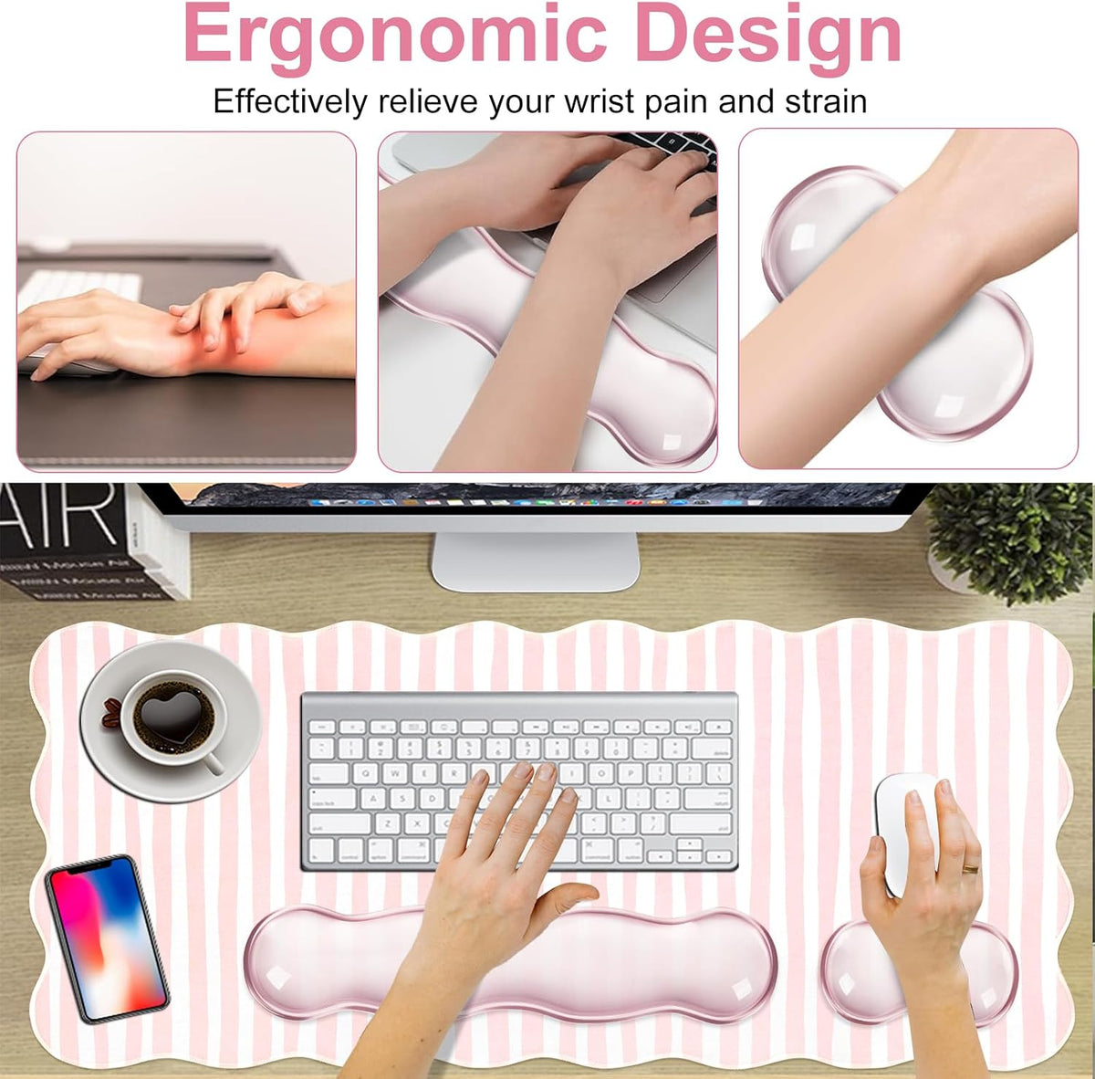 Pink Striped Mouse Pad Set,Scalloped XXL Desk Mat + Ergonomic Mouse Wrist Rest + Gel Keyboard Wrist Rest for Keyboard 65%/75%,3in1 Large Desk Pad for Desktop Home Office Computer Game