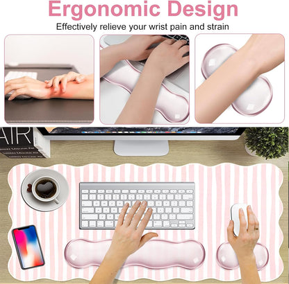Pink Striped Mouse Pad Set,Scalloped XXL Desk Mat + Ergonomic Mouse Wrist Rest + Gel Keyboard Wrist Rest for Keyboard 65%/75%,3in1 Large Desk Pad for Desktop Home Office Computer Game