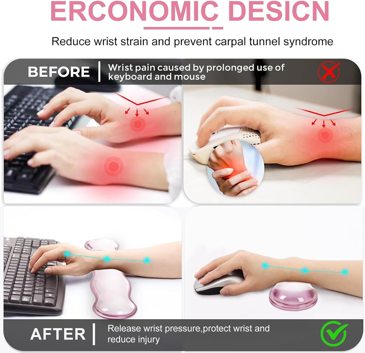 Pink Striped Mouse Pad Set,Scalloped XXL Desk Mat + Ergonomic Mouse Wrist Rest + Gel Keyboard Wrist Rest for Keyboard 65%/75%,3in1 Large Desk Pad for Desktop Home Office Computer Game