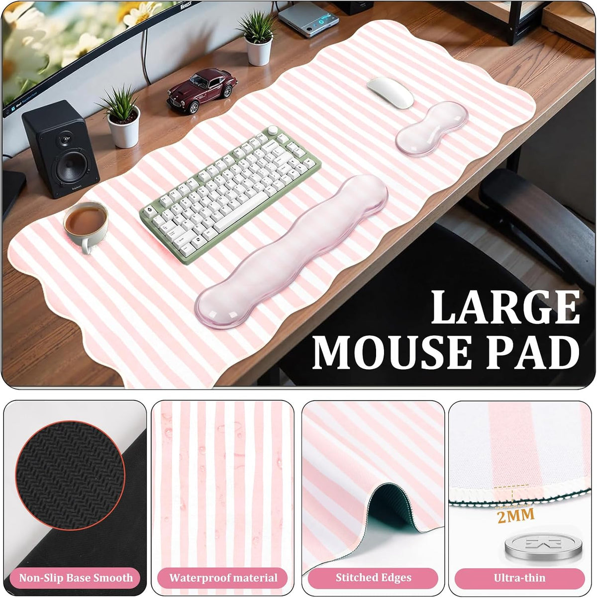 Pink Striped Mouse Pad Set,Scalloped XXL Desk Mat + Ergonomic Mouse Wrist Rest + Gel Keyboard Wrist Rest for Keyboard 65%/75%,3in1 Large Desk Pad for Desktop Home Office Computer Game