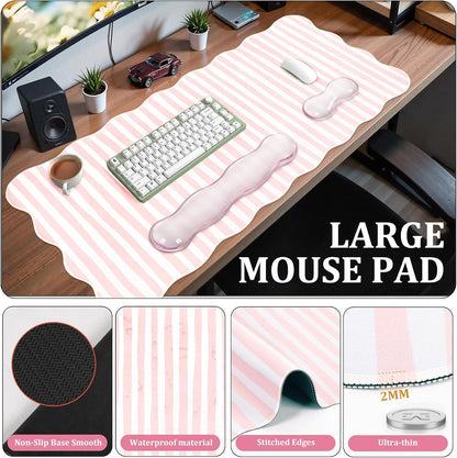 Pink Striped Mouse Pad Set,Scalloped XXL Desk Mat + Ergonomic Mouse Wrist Rest + Gel Keyboard Wrist Rest for Keyboard 65%/75%,3in1 Large Desk Pad for Desktop Home Office Computer Game