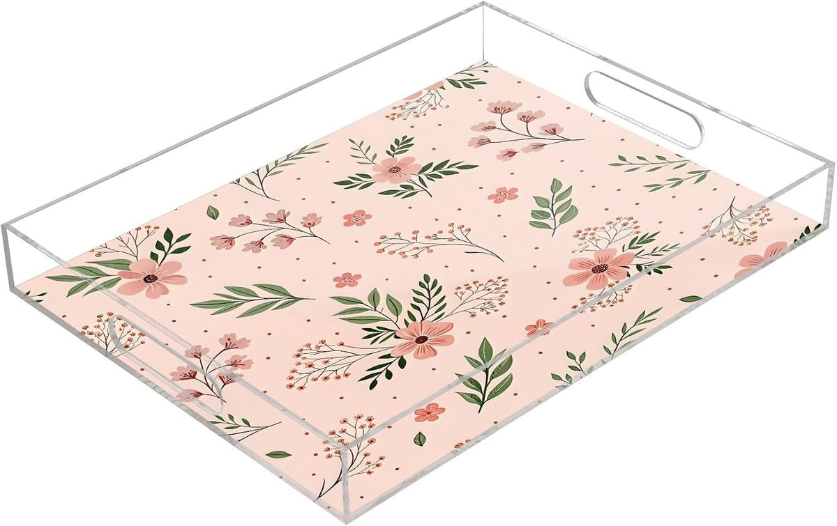 Elegant Flowers Pink Serving Tray 12" x 16" Acrylic Trays with Handles Decorative Serving Platter for Coffee, Breakfast in Bed, Dinner, Appetizers, Patio, Party