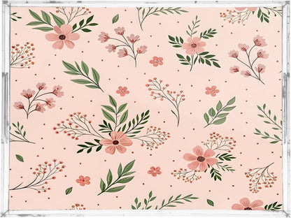 Elegant Flowers Pink Serving Tray 12" x 16" Acrylic Trays with Handles Decorative Serving Platter for Coffee, Breakfast in Bed, Dinner, Appetizers, Patio, Party