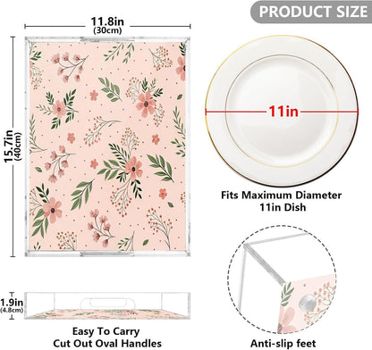 Elegant Flowers Pink Serving Tray 12" x 16" Acrylic Trays with Handles Decorative Serving Platter for Coffee, Breakfast in Bed, Dinner, Appetizers, Patio, Party