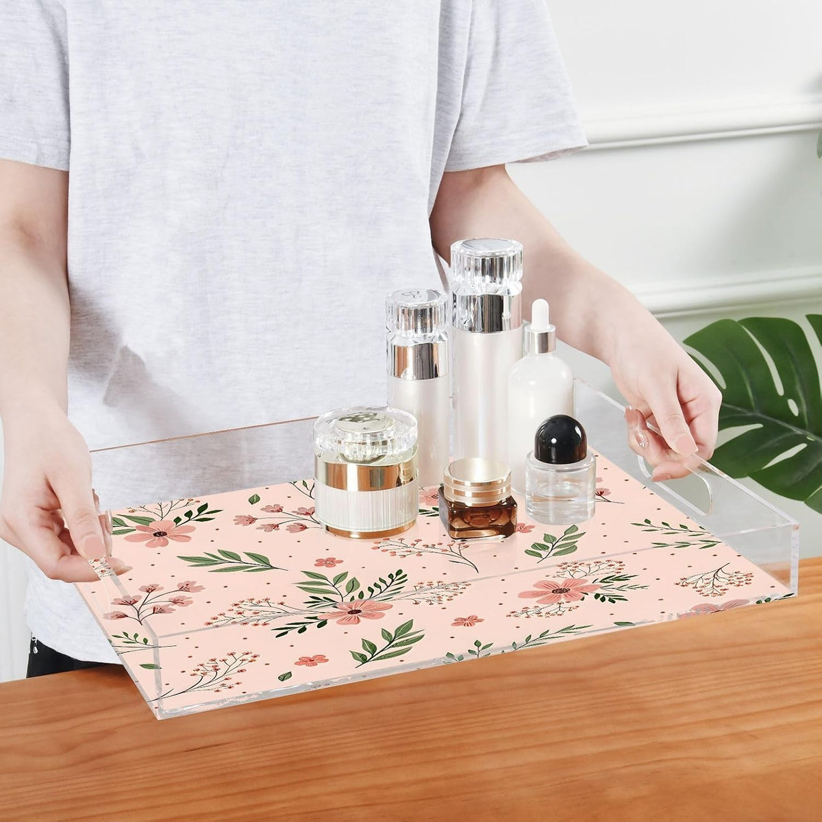 Elegant Flowers Pink Serving Tray 12" x 16" Acrylic Trays with Handles Decorative Serving Platter for Coffee, Breakfast in Bed, Dinner, Appetizers, Patio, Party