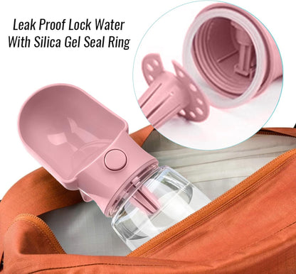 Dog Water Bottle with Food Container, Leak Proof Portable Pet Dispenser with Lock and Cleaning Brush,Dogs Stuff Water Bottle for Walking Hiking,Travel (Pink)