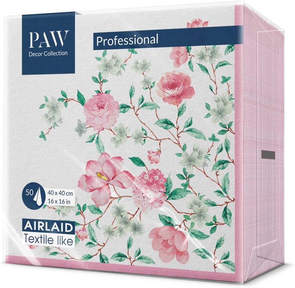 PAW - 50 Pieces Linen-Feel Paper Paper Napkins 16" x 16", Disposable Cloth-Like Napkins with Floral Design, Dinner Napkins for Party, Wedding, Barbecue, Picnic