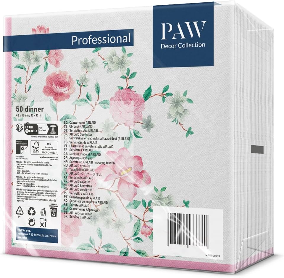 PAW - 50 Pieces Linen-Feel Paper Paper Napkins 16" x 16", Disposable Cloth-Like Napkins with Floral Design, Dinner Napkins for Party, Wedding, Barbecue, Picnic